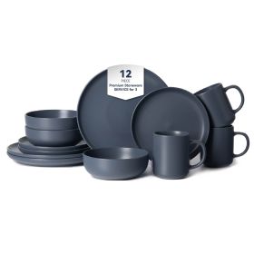 12-Piece Stoneware Dinnerware Sets with Mugs | Microwave & Dishwasher Safe | Non-Toxic Dinner Plates Bowls Set | Stackable Matte Glaze Kitchenwar (Main Material: Stone, Main Color: Blue)